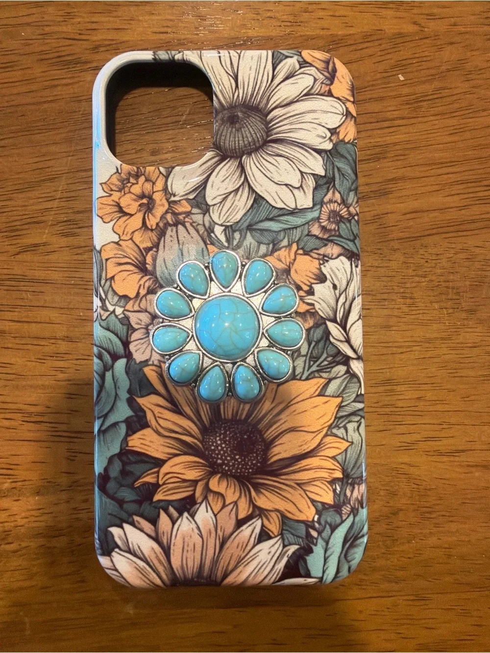 Floral Pattern Phone Case with Turquoise Gem Ring Holder - White/Blue/Orange